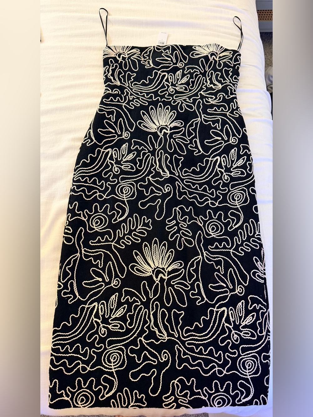 LOFT Black Pencil Dress with White Embroidered Floral Design